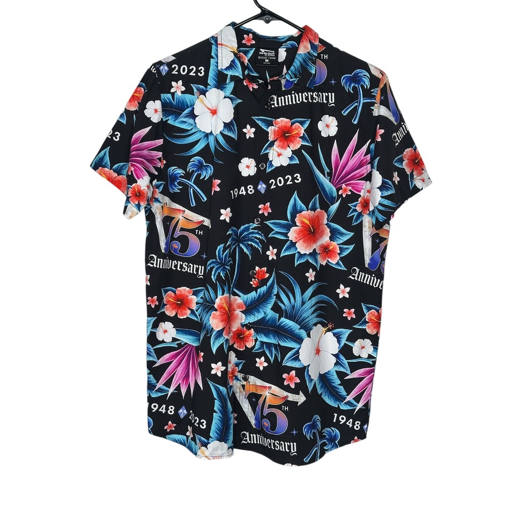 In-N-Out Burger Shirt MEDIUM Black 75th Anniversary Floral Tropical Button 2023